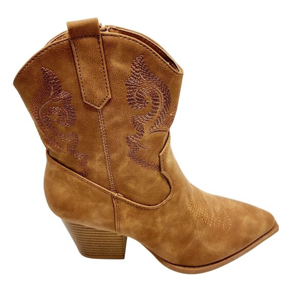 Womens Western Style Tan Ankle Boots With Embroidery & Block Heel Size 7 - Picture 8 of 11